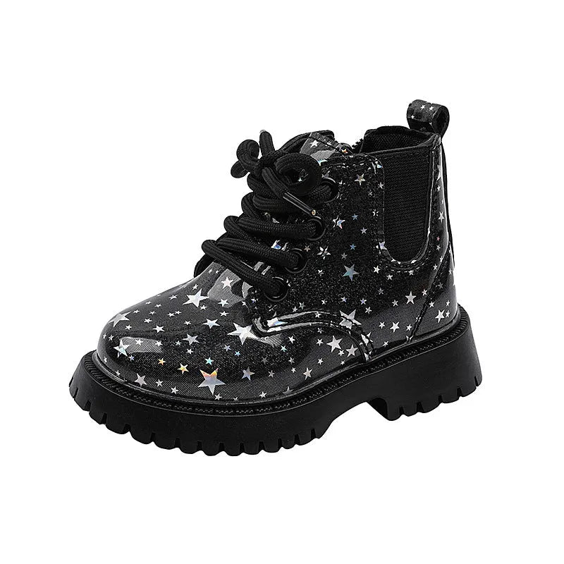 Girls short low top PVC children's boots in black with side zipper and non-slip sole