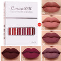 Set of six boxes of matte finish waterproof lip gloss with multivitamins, showing styles A to F.