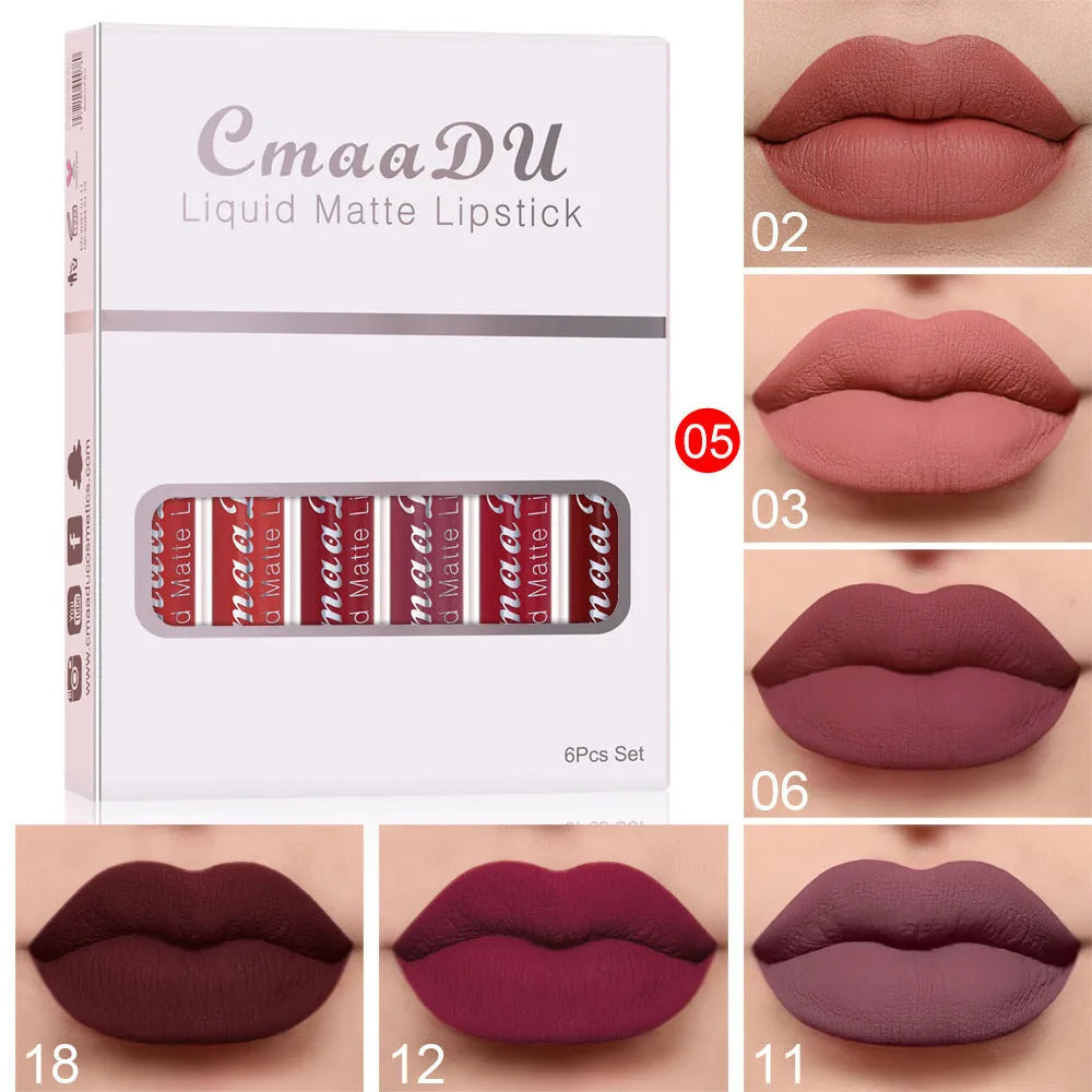 Set of six boxes of matte finish waterproof lip gloss with multivitamins, showing styles A to F.