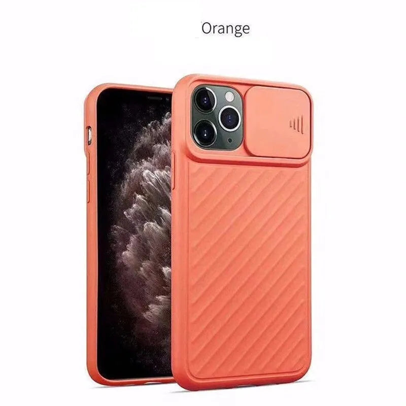 Soft TPU iPhone case with slide camera lens protector and matte back cover in black, green and blue
