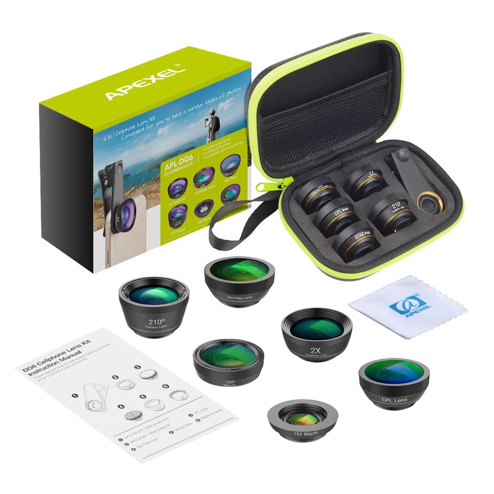 Black 6-in-1 universal smartphone camera lens kit with fisheye, wide-angle, macro, and telephoto lenses in an EVA case.
