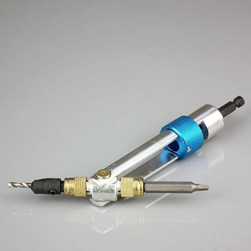 Half Time Drill driver with swivel head next to set of 18 Phillips, flathead, and countersink bits