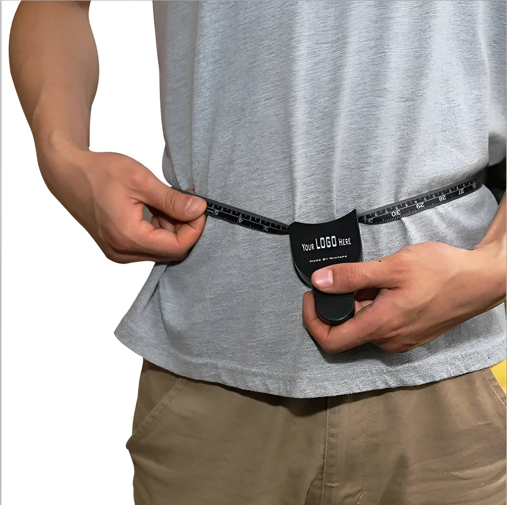 Black body fat caliper skinfold measurement tool with 0-70mm gauge and two fabric measuring tapes.