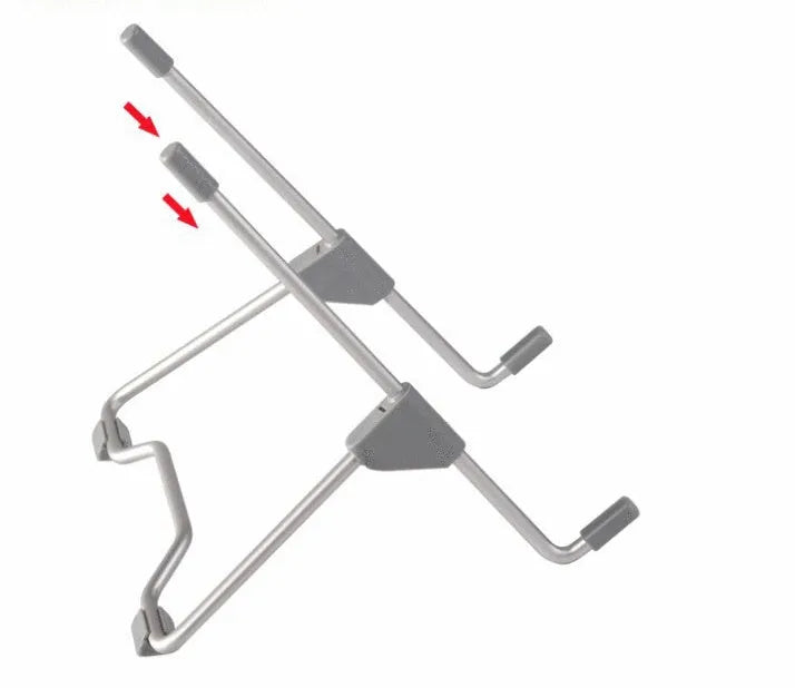 Grey aluminium mobile phone and laptop stand with adjustable tilt angle on a desk