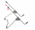 Grey aluminium mobile phone and laptop stand with adjustable tilt angle on a desk