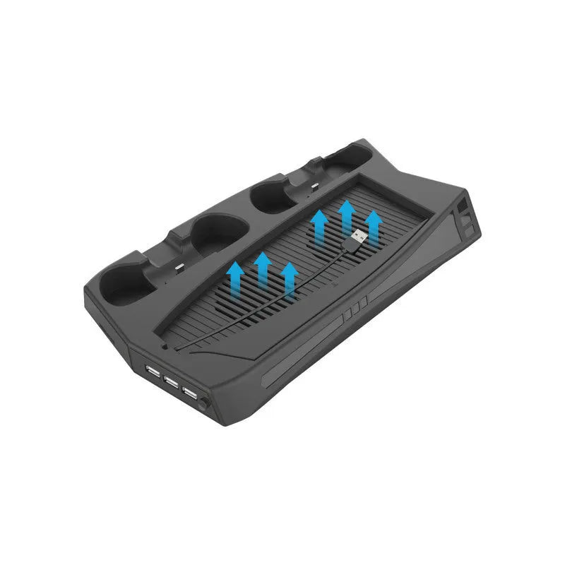 Black PS5 charging cooling fan base with two controller docks and USB ports