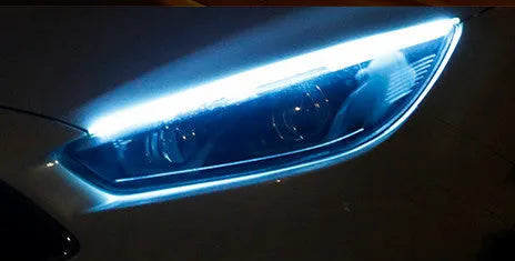 Waterproof silicone car LED daytime running light and flowing turn signal strip in multiple colours.