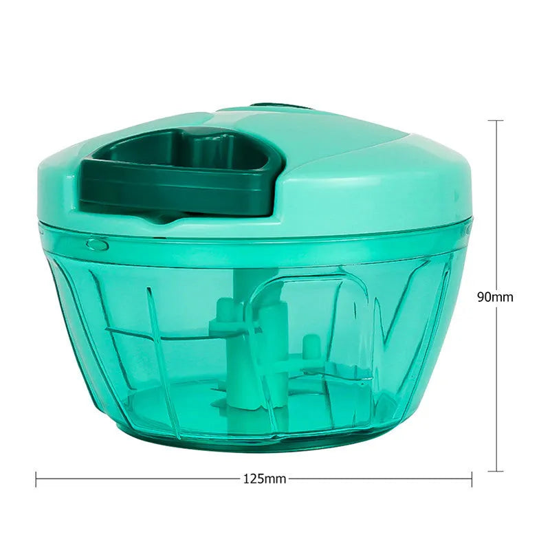 Green manual kitchen chopper with lid, three stainless steel blades, and a 500ml capacity container.
