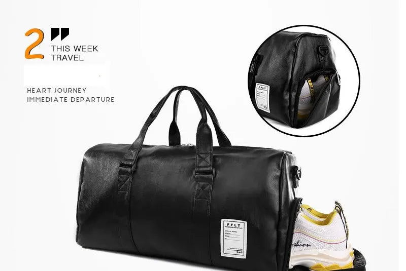 Black waterproof unisex sports fitness bag with diagonal straps and separate shoe compartments