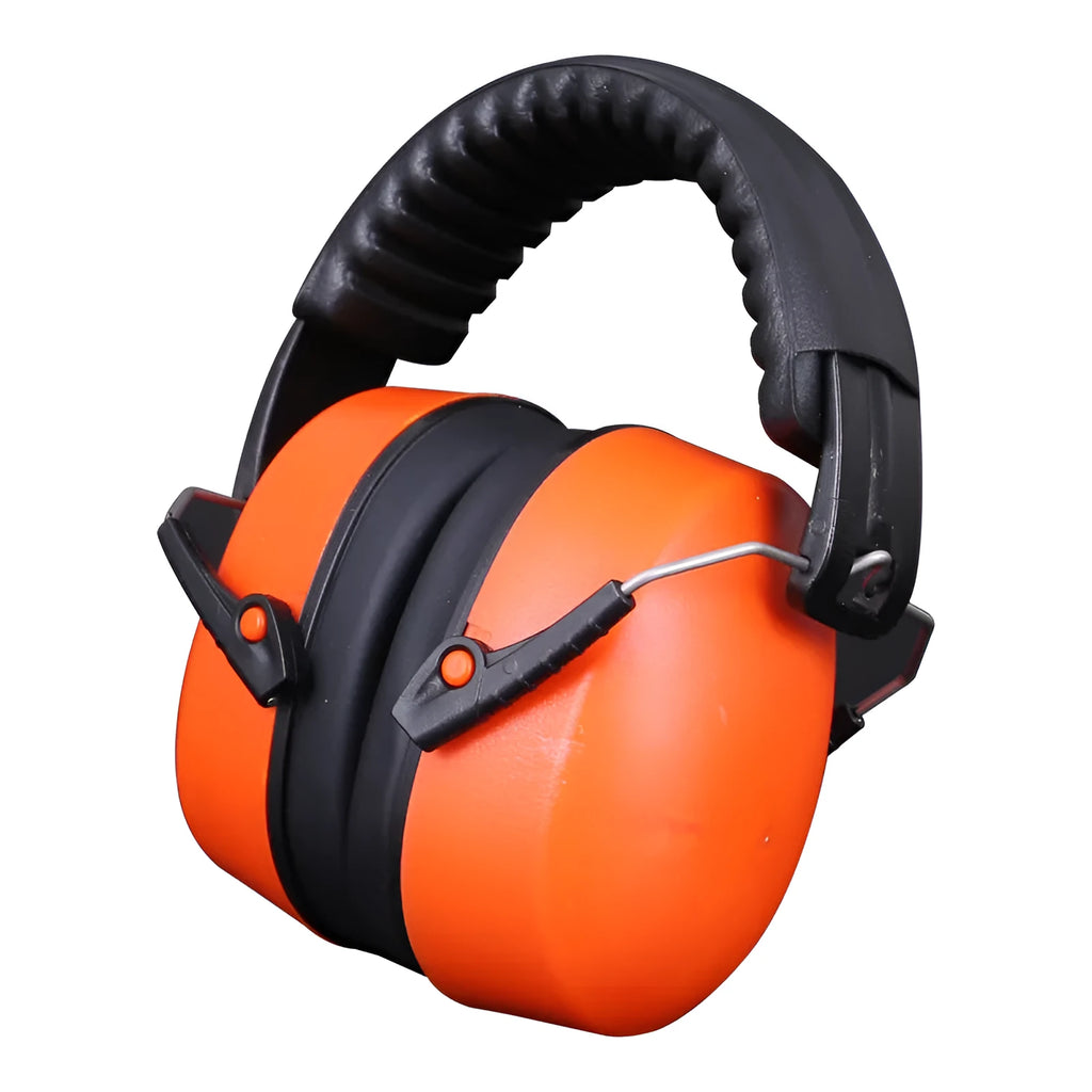 Orange adjustable headband noise-cancelling ear muffs with large black ear cups on a white background.