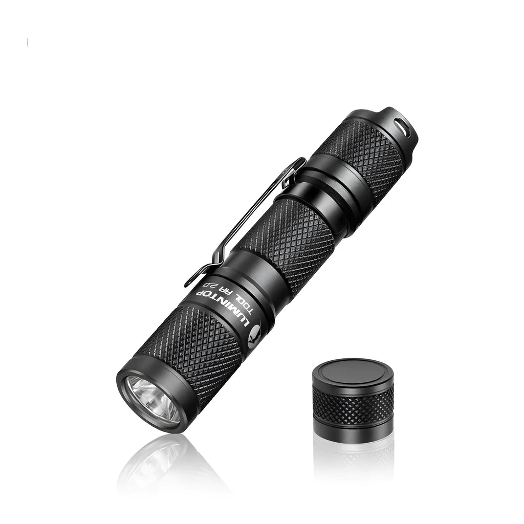 Black Lumintop Tool AA2.0 compact keychain flashlight with magnetic tail cap on a keyring.