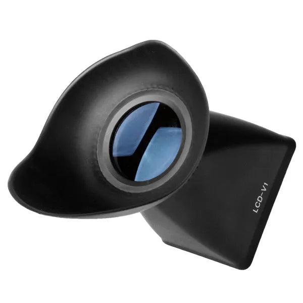 Black camera LCD viewfinder magnifier attached to a DSLR, showing a magnified screen display.