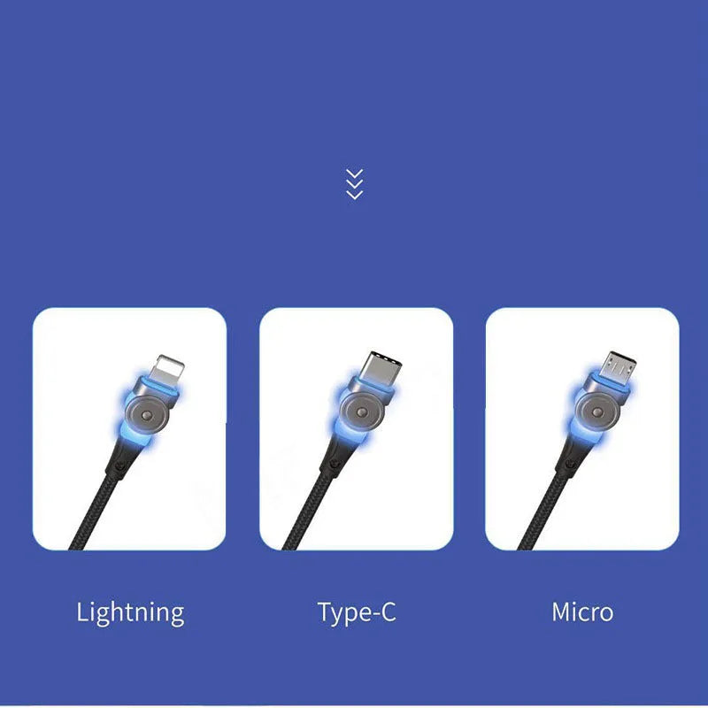 Black fast-charging USB cable with a rotating zinc alloy connector on a white background