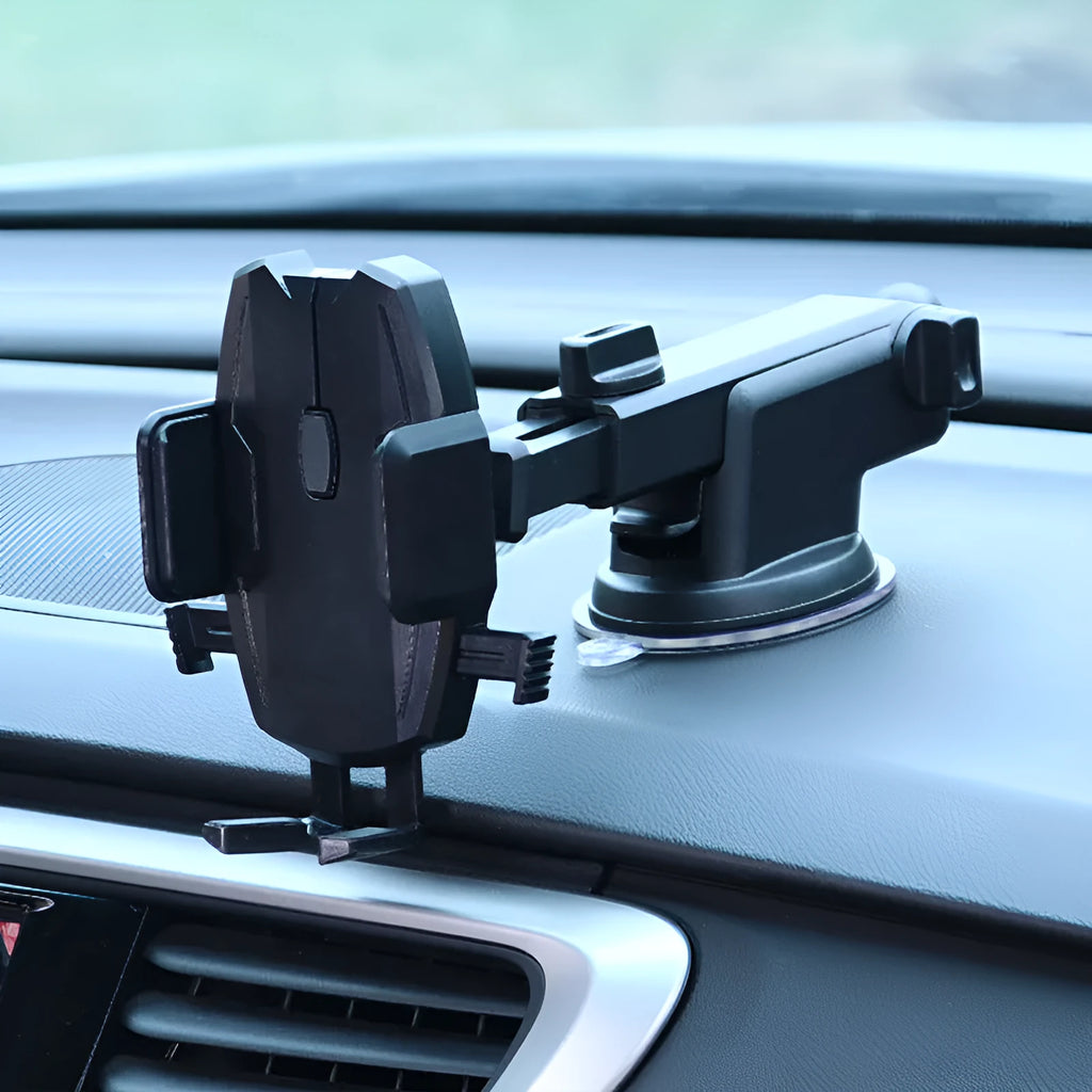 Snap-in car phone holder in black, red, or blue ABS for air outlet, instrument panel, or windshield