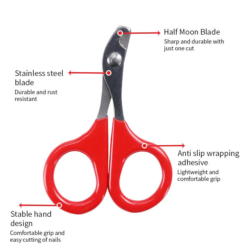 Stainless steel pet nail clippers with coloured plastic and rubber handle for dog and cat grooming