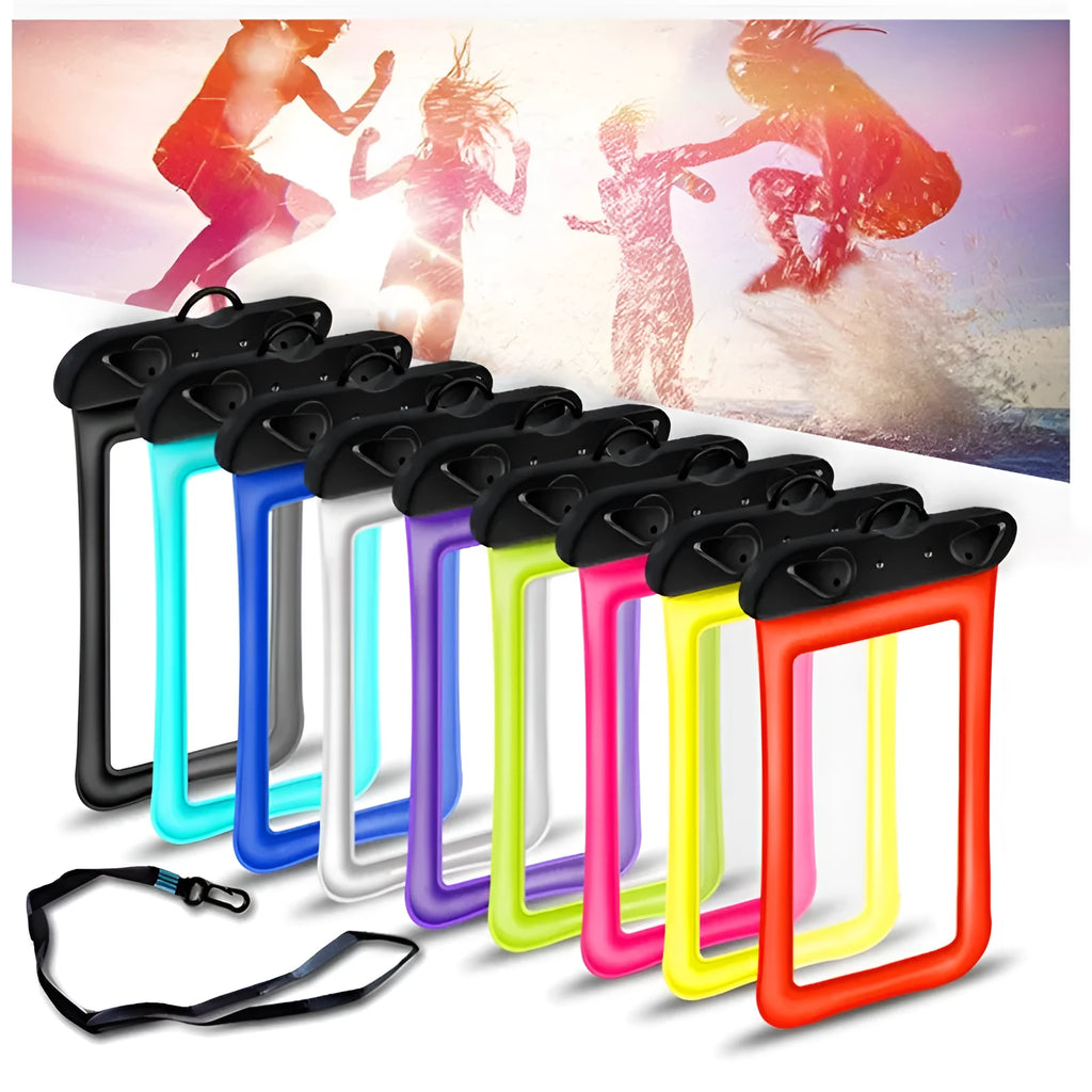 Orange waterproof PVC phone pouch with a 45cm rope and ABS seal switch.