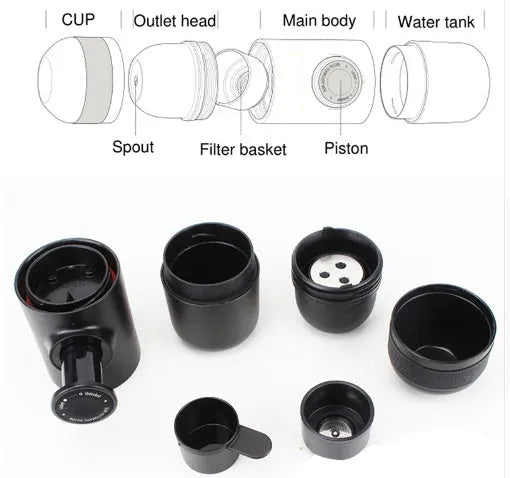 Black portable manual espresso machine showing 6cm diameter and 17.5cm height with stainless steel and plastic components.