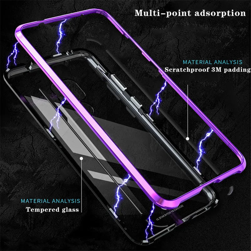 Black magnetic phone case for Huawei with metal frame and clear tempered glass back.