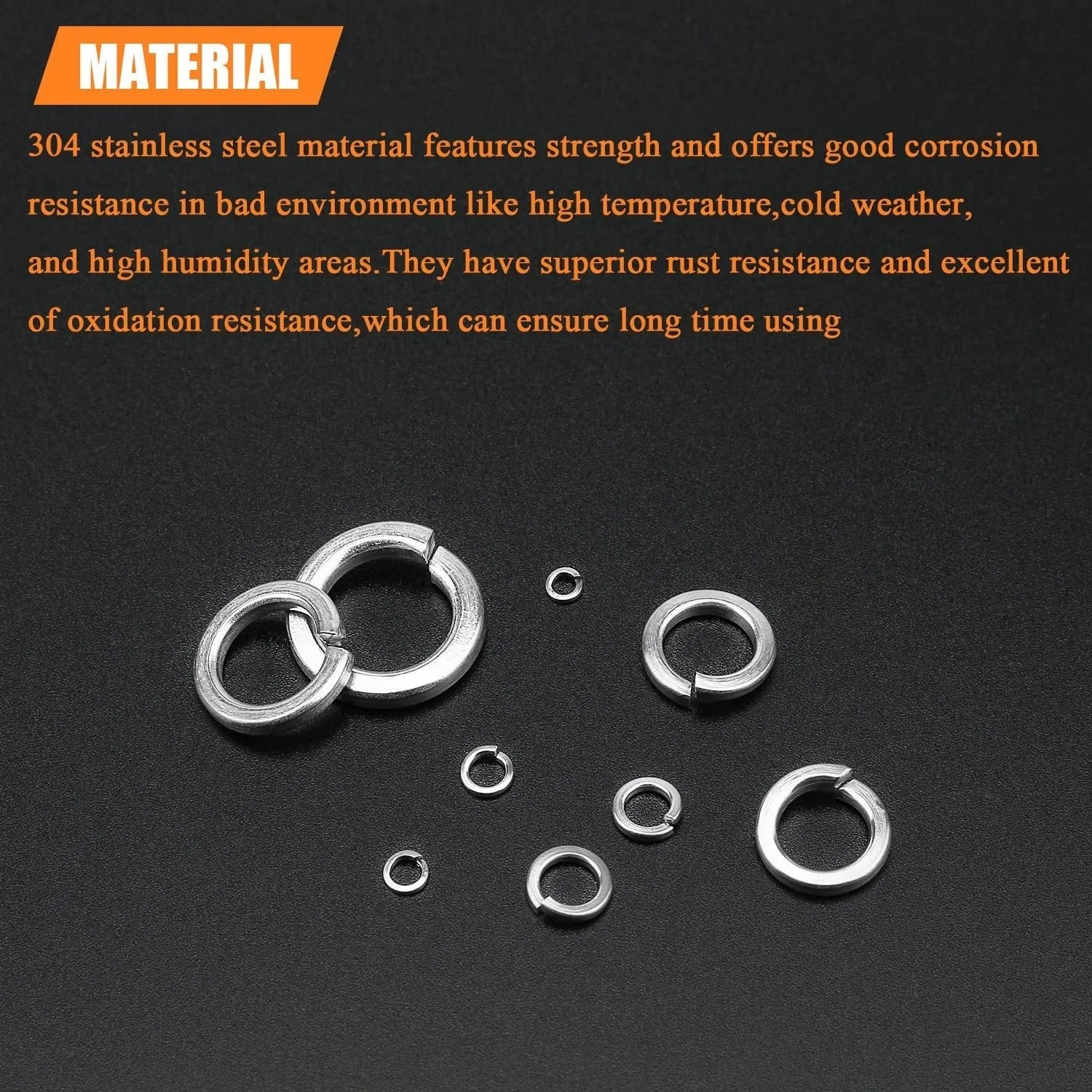 Open box showing assortment of small, shiny 304 stainless steel spring lock washers in various sizes.