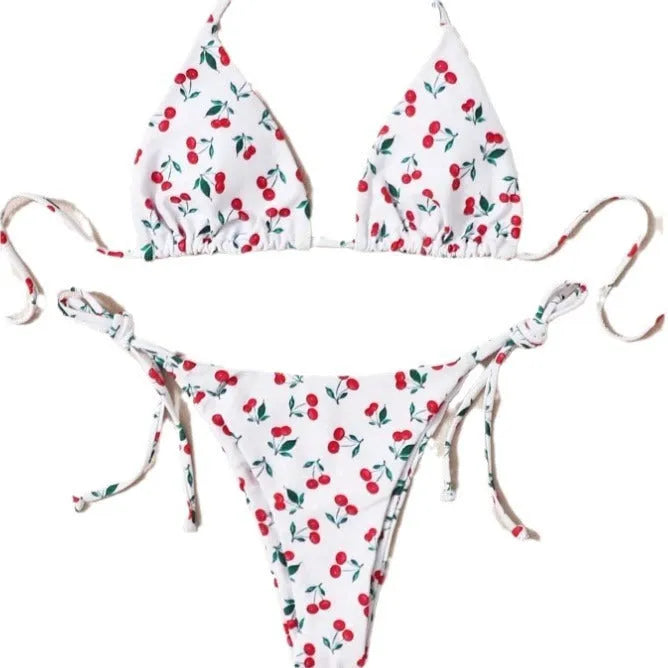 Solid colour split halter bikini top with matching backless briefs on a model