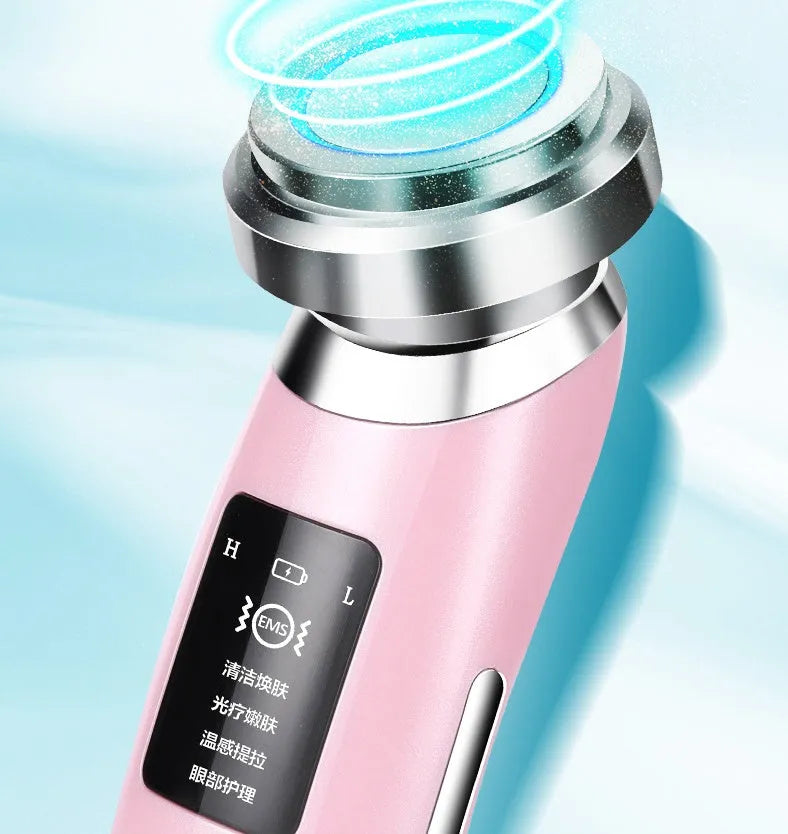 Pink portable skin rejuvenation and facial cleansing beauty instrument showing its compact size.