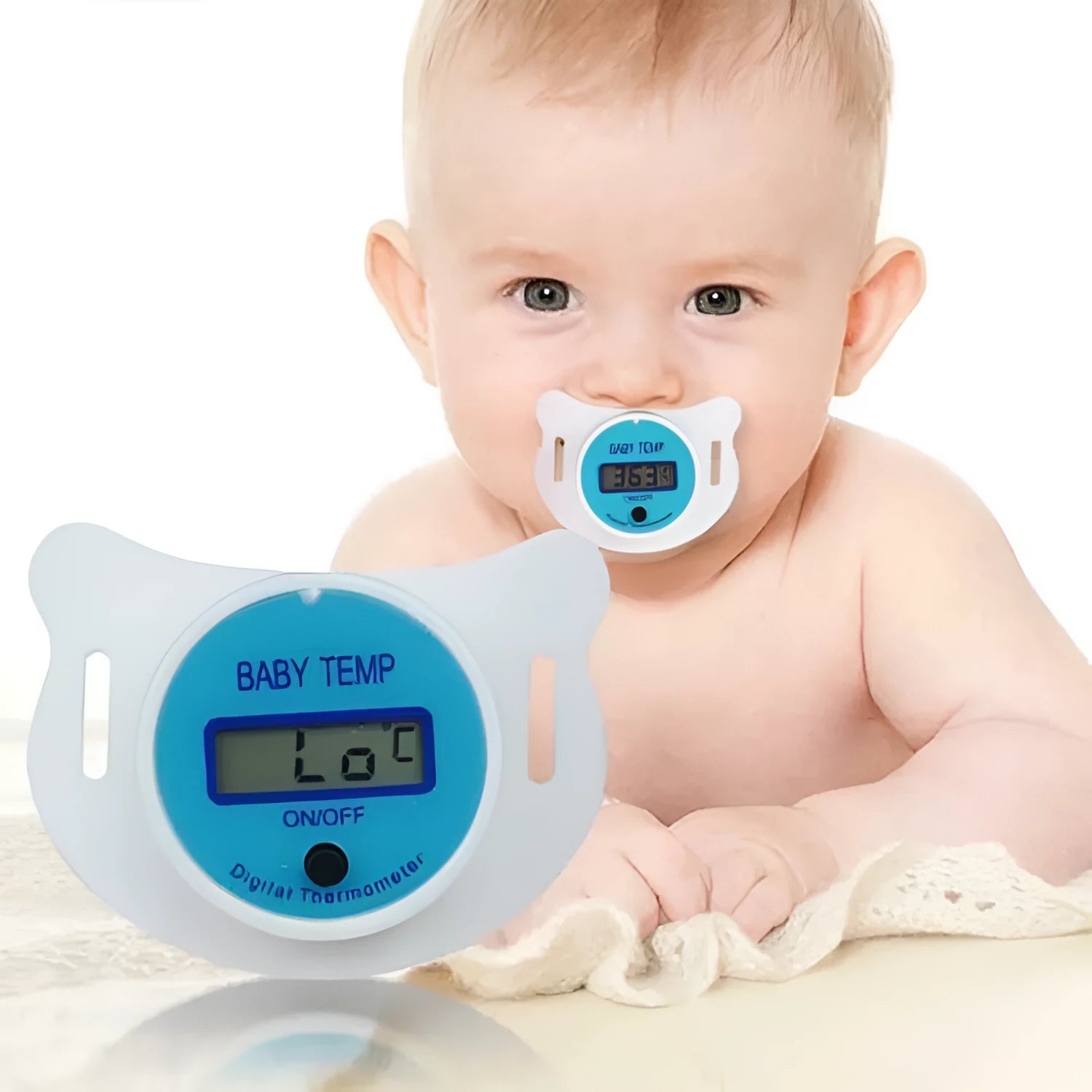 Baby pacifier digital thermometer for infants in blue and pink colour options