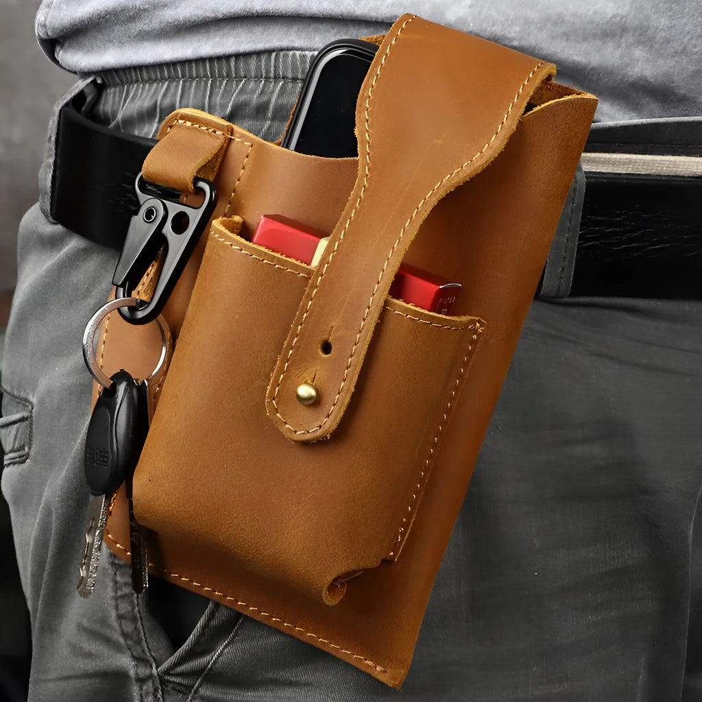 Men's brown leather hanging belt bag for a mobile phone with retro car suture detailing.