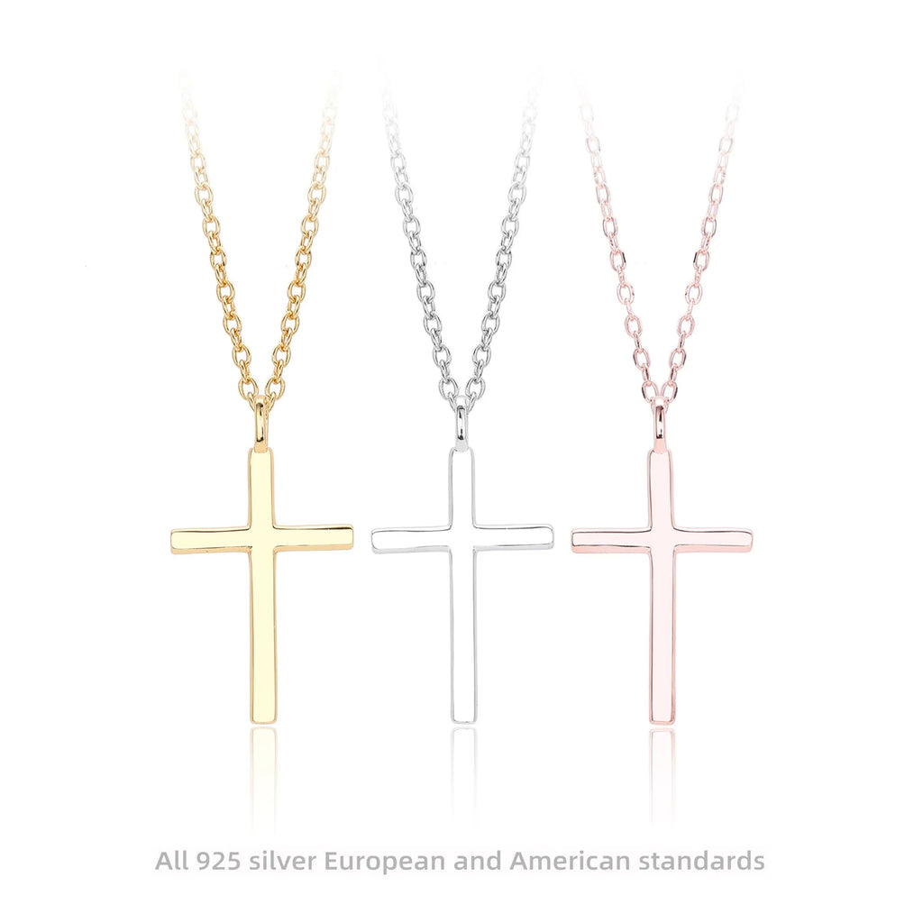 S925 sterling silver necklace with a simple glossy cross pendant on an O-shaped clavicle chain.