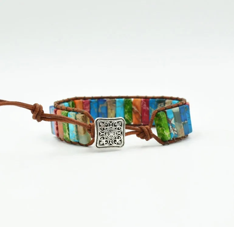 Hand-woven leather bracelet with agate stone, 17cm adjustable button-to-knot ethnic style bracelet