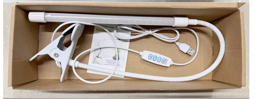 Black and white USB-powered LED desk lamp, 26 cm long, for dormitory eye protection.