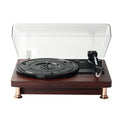 Retro vinyl record player with wood grain finish, transparent dust cover, and built-in speaker