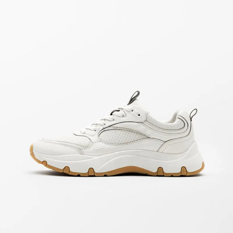Women's beige round toe casual sneakers with cross straps, thick sole, and top layer cowhide upper
