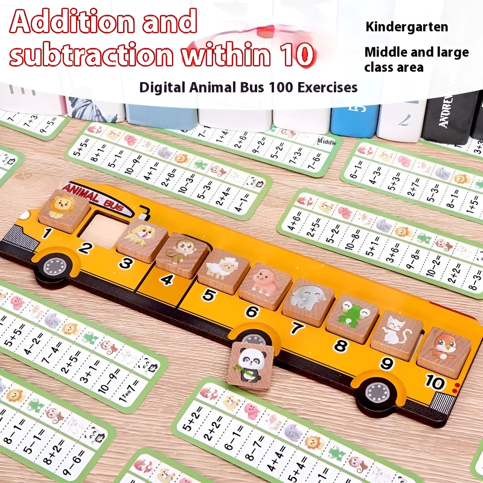 Wooden animal bus platform board game for kindergarten mathematics with colourful animal pieces
