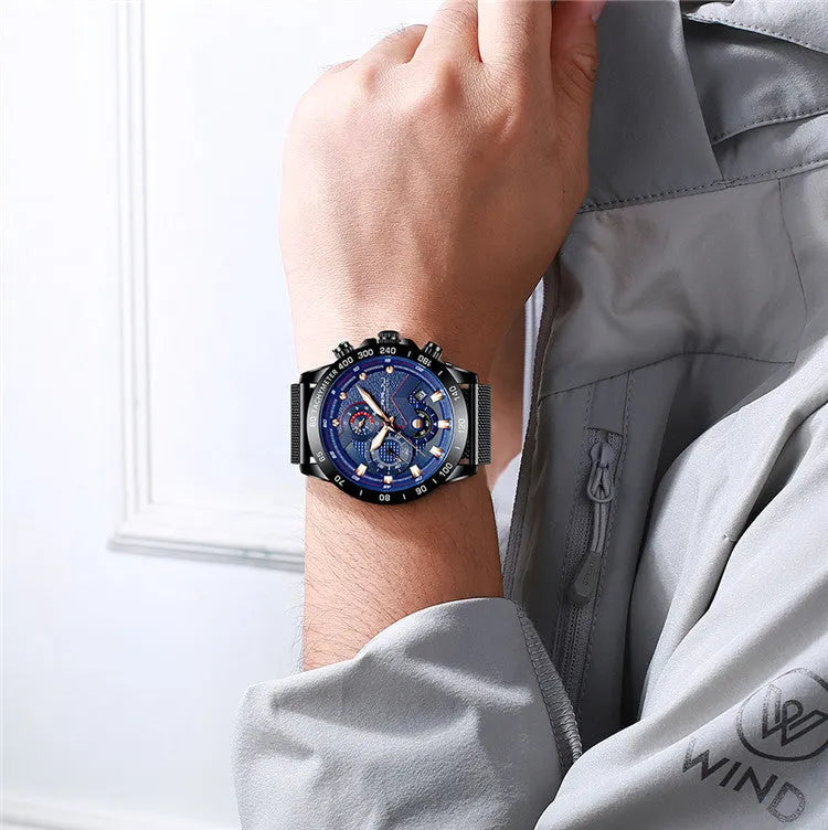 Multi-function six-needle chronograph watch with stainless steel strap and IP blue alloy case model 2280