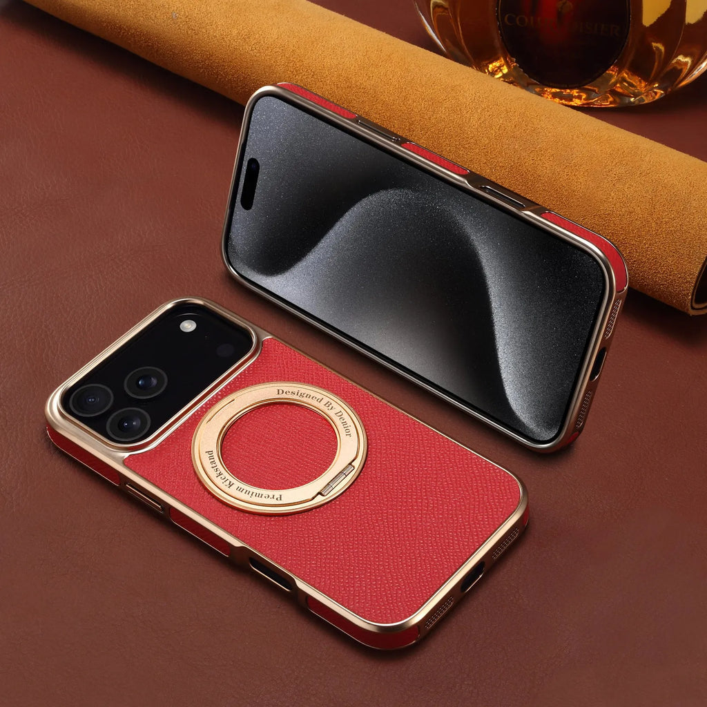 Genuine leather magnetic phone case for iPhone with electroplating finish in green colour with bracket feature