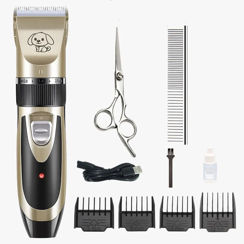 Golden cordless pet grooming clipper, 180mm x 45mm, with ceramic titanium blade, four guide combs and EU plug charger