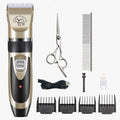 Golden cordless pet grooming clipper, 180mm x 45mm, with ceramic titanium blade, four guide combs and EU plug charger