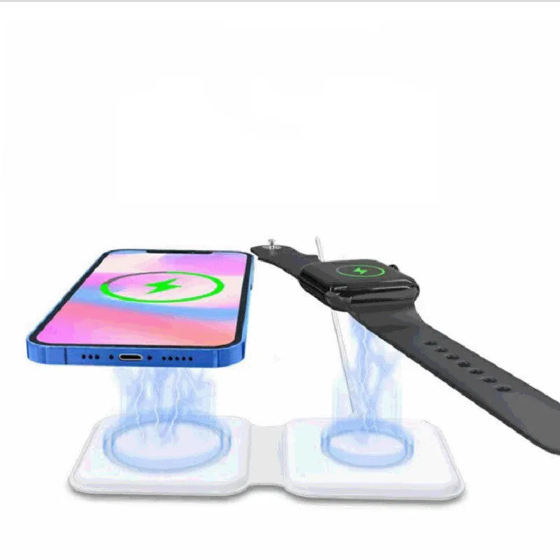 White 2 in 1 magnetic wireless charger with foldable design and dual charging pads