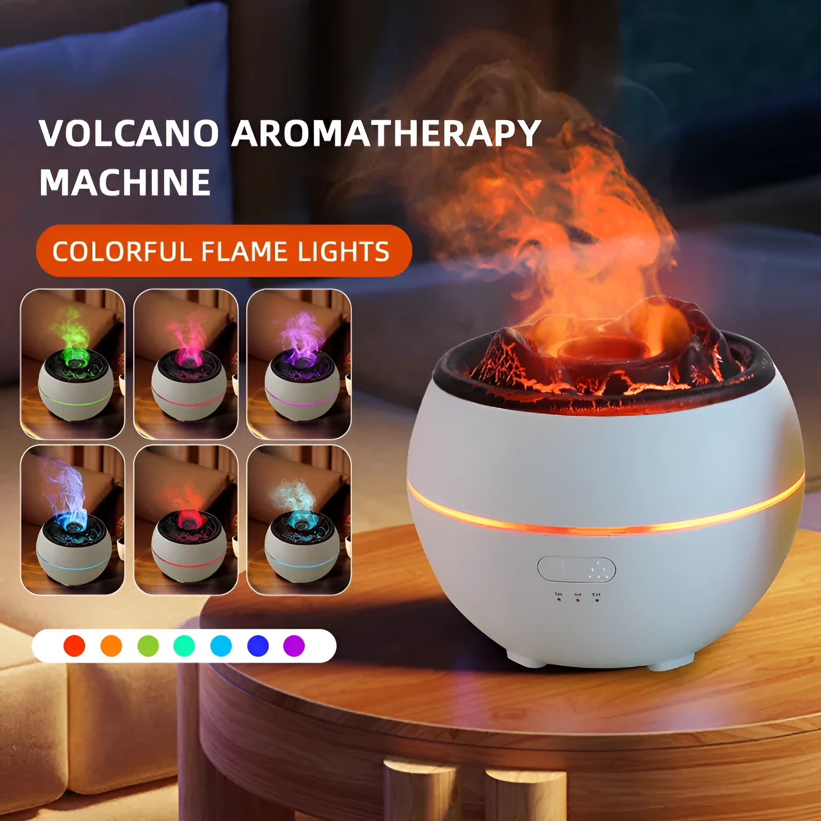 White round ultrasonic aroma diffuser humidifier with timer buttons on a desk.