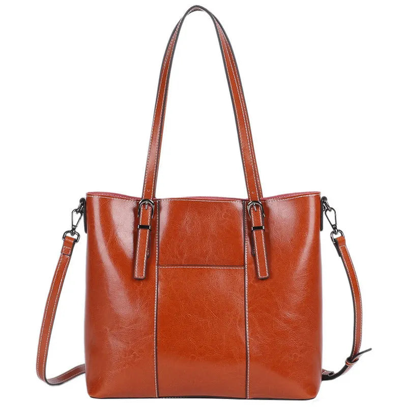 Brown genuine leather women's retro shoulder bag with three straps and horizontal square shape