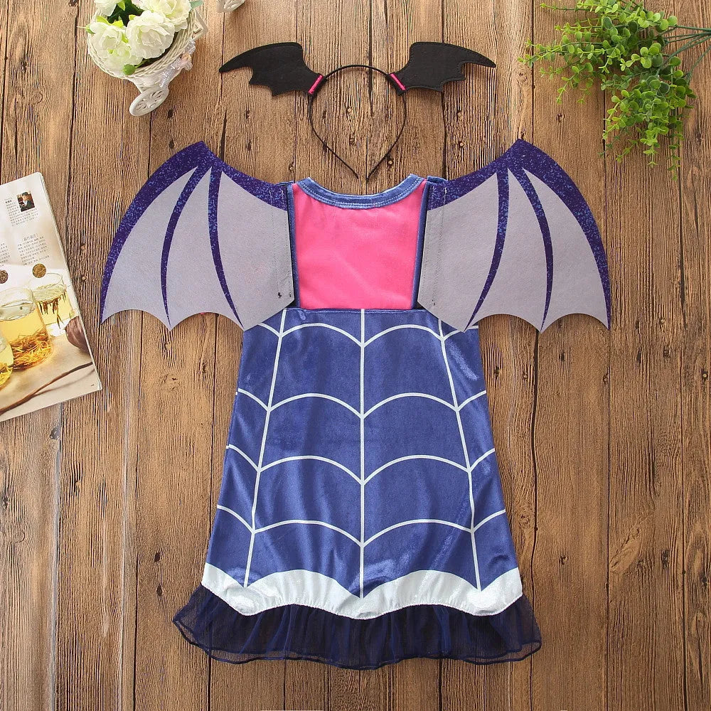 Blue cotton short sleeve princess dress for a young child, shown on a hanger.