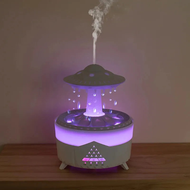 White cloud-shaped USB humidifier with LED night light and water droplet display