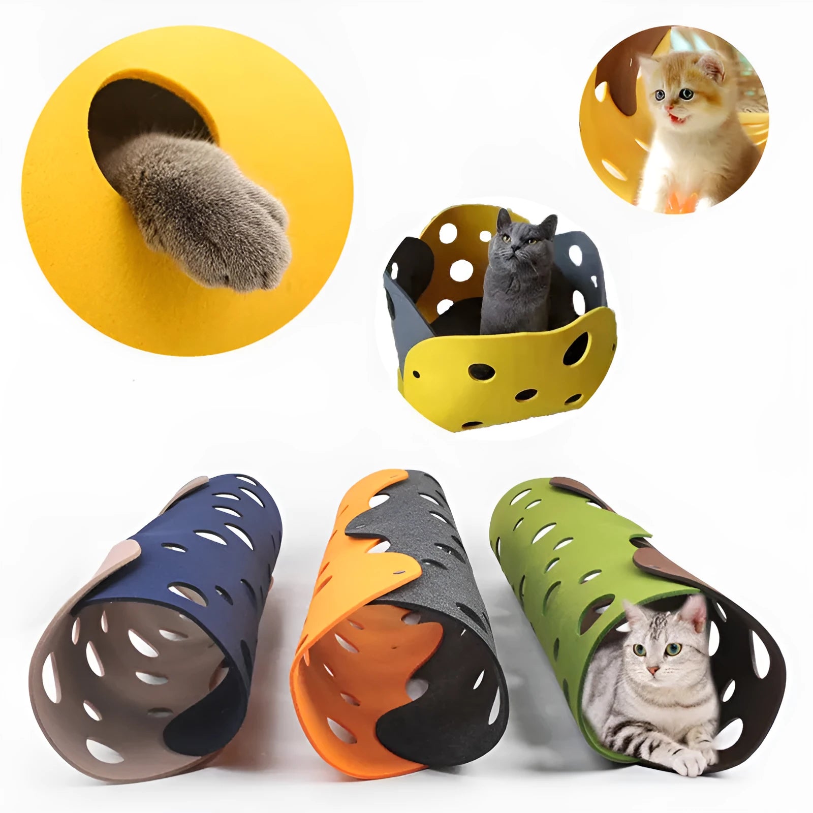 Felt cat tunnel toy 92 x 22 cm deformable kitten nest with peepholes in two-tone colour