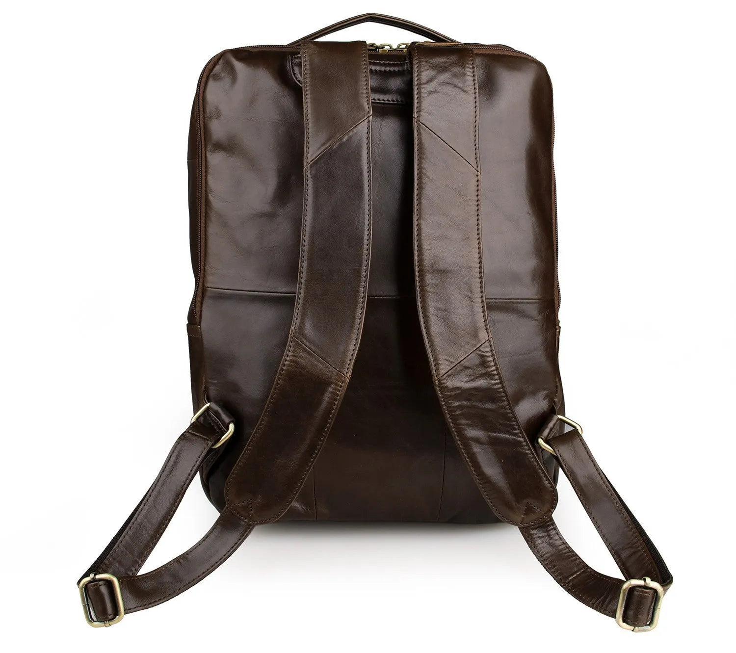 Top layer leather computer backpack in brown colour with zip closure designed to fit a 15 inch laptop
