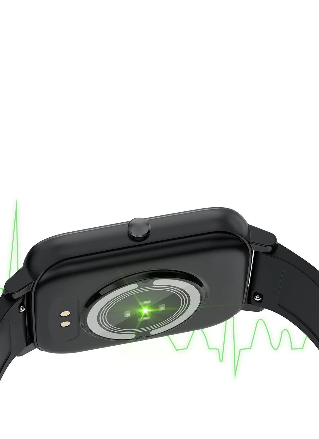 H80 black smartwatch on wrist showing heart rate and time on its 1.69-inch spherical glass screen.