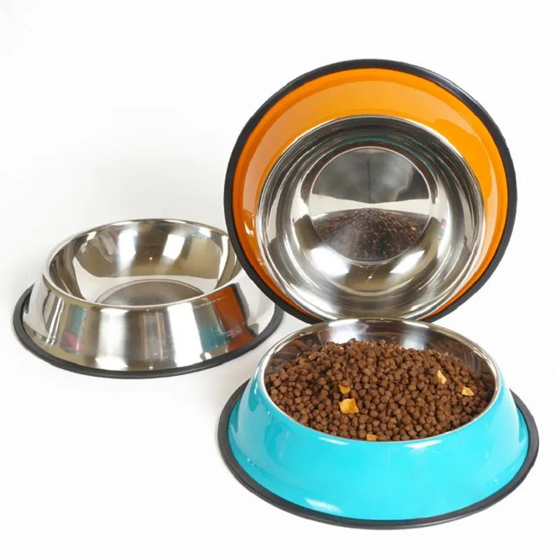 Stainless steel pet bowl inside colourful melamine pot with non-slip rubber base