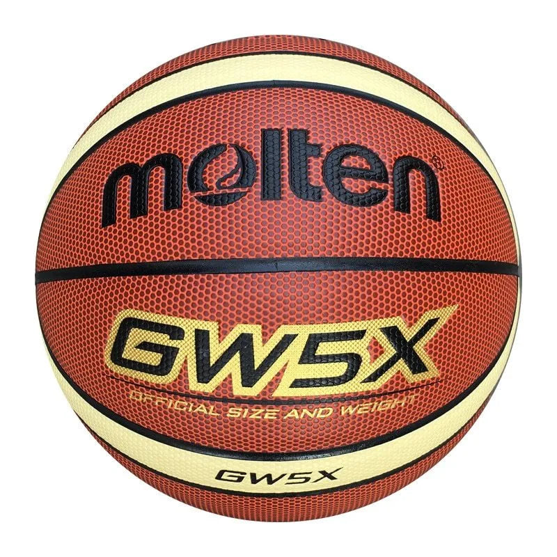 Orange size 7 training basketball with wear-resistant particle skin on an indoor court floor