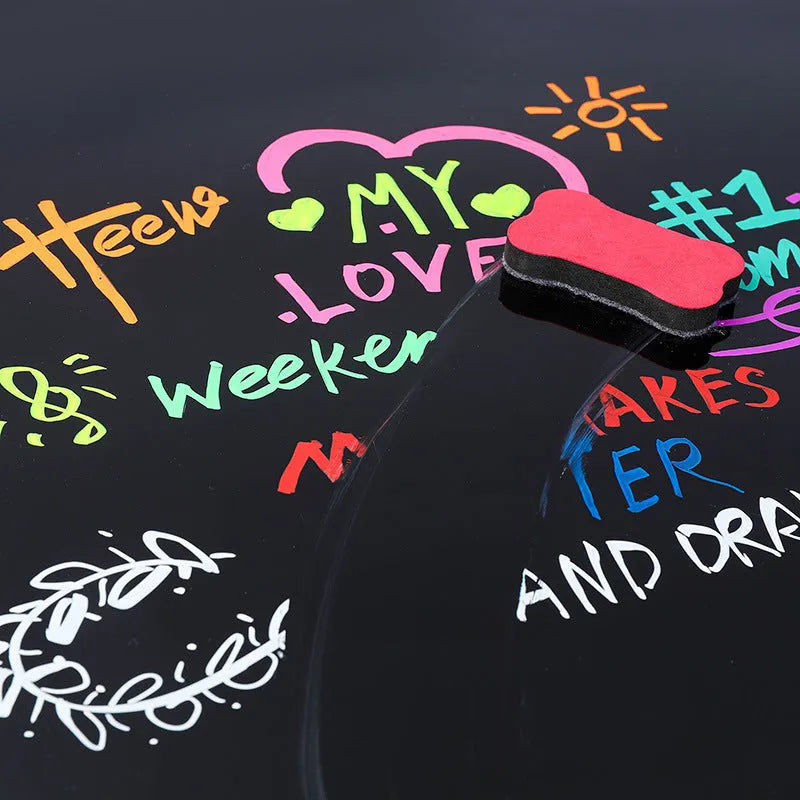 Electronic fluorescent board highlighter pen with plastic shell and oblique tip, shown in 8 colour refill set.