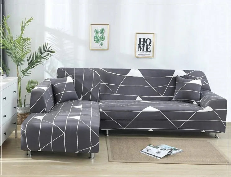 L-shaped stretch sofa cover with elastic fabric and sponge strip design on a grey sofa