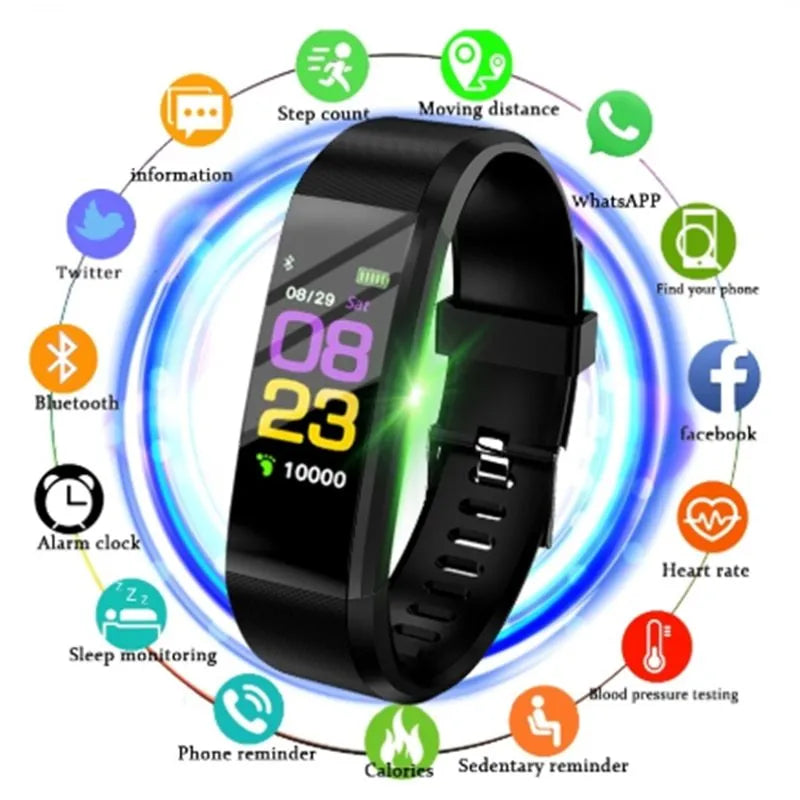Smart wristband fitness tracker with 0.96in colour LED screen, heart rate monitor, TPU band, available in Black, Blue, Green, Purple and Red.